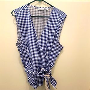 Blue/white checked sleeveless top with tie wrap